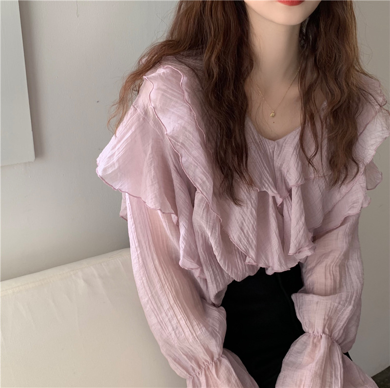 Picture of Chiffon Long-sleeved Shirt Women's 2023 Spring and Autumn New High-end Design Sense Thin Irregular Ruffled Stacked Top