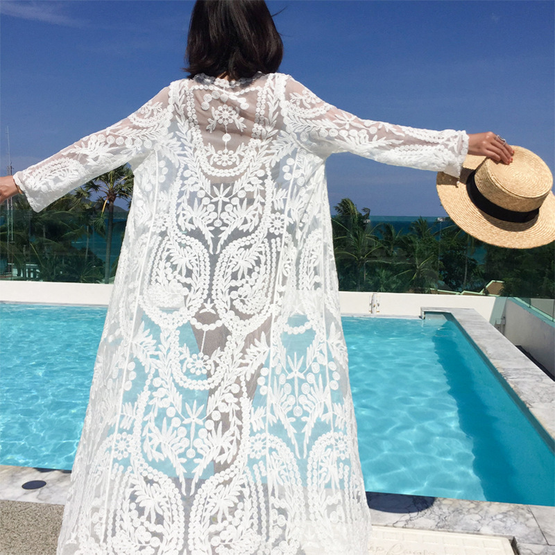 Summer lace embroidered cardigan sun protection clothing swimsuit women's outer wear mid-length versatile seaside vacation beach coat