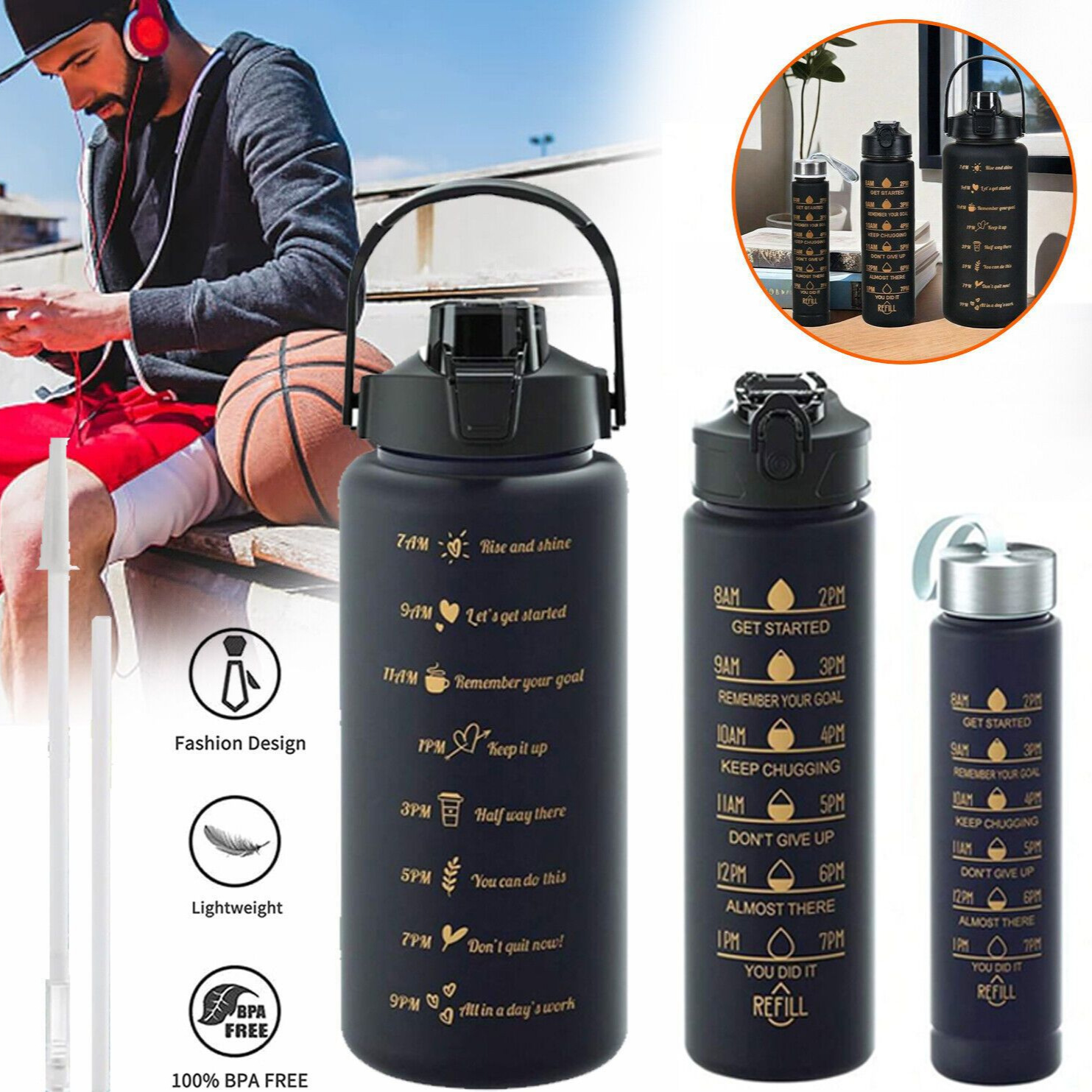 Amazon cross-border large-capacity water cup outdoor sports 2000ml portable gradient 3-piece cup gradient kettle