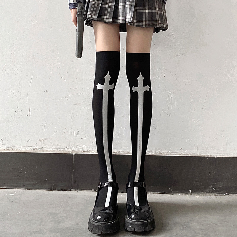 Picture of Cross Cross Cross Stockings Printing Halloween Socks Spider Web Over-the-Knee Socks Black White Lolita Stockings