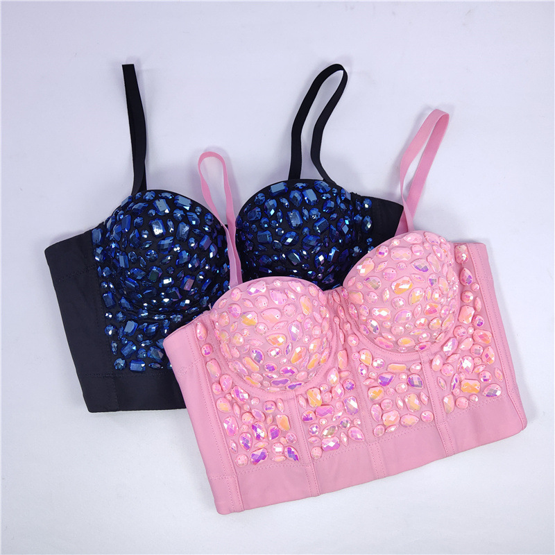 2021 Factory Cross-border European and American Women's New Small Strap Nail Beaded Fish Bone Bra Sexy Small Back Tube Top Wear