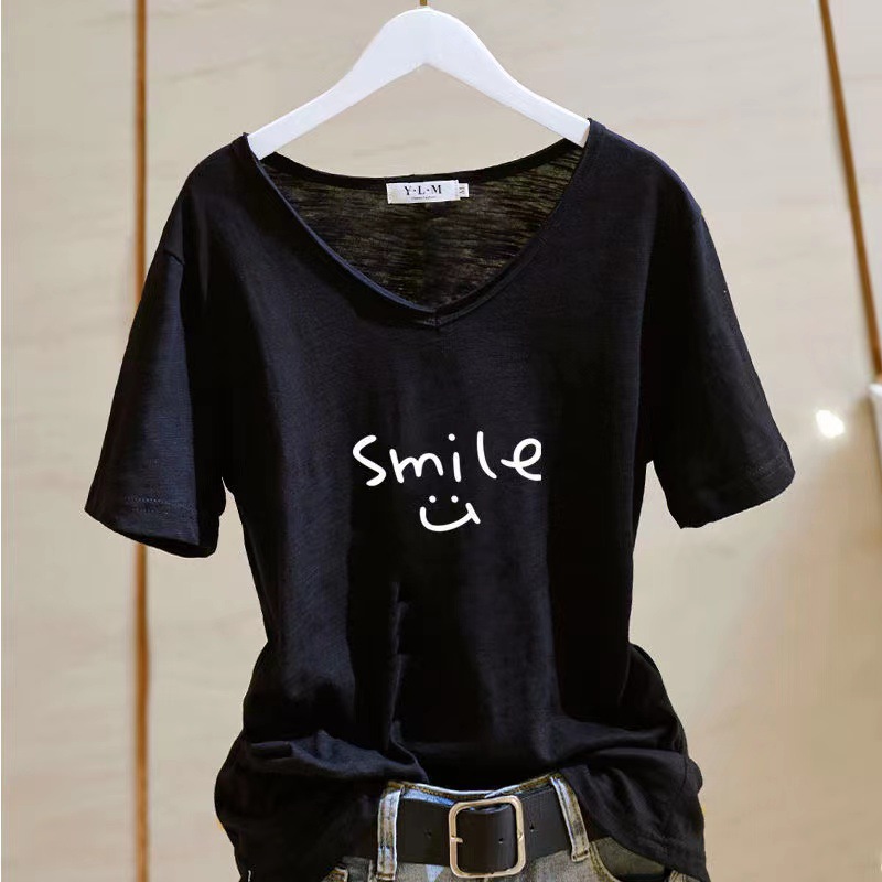 2025 Summer New Pure Cotton Short-Sleeved T-Shirt for Women Korean Style Casual V Neck Printed Letters Age-Reducing Top Bottoming Trbottomy