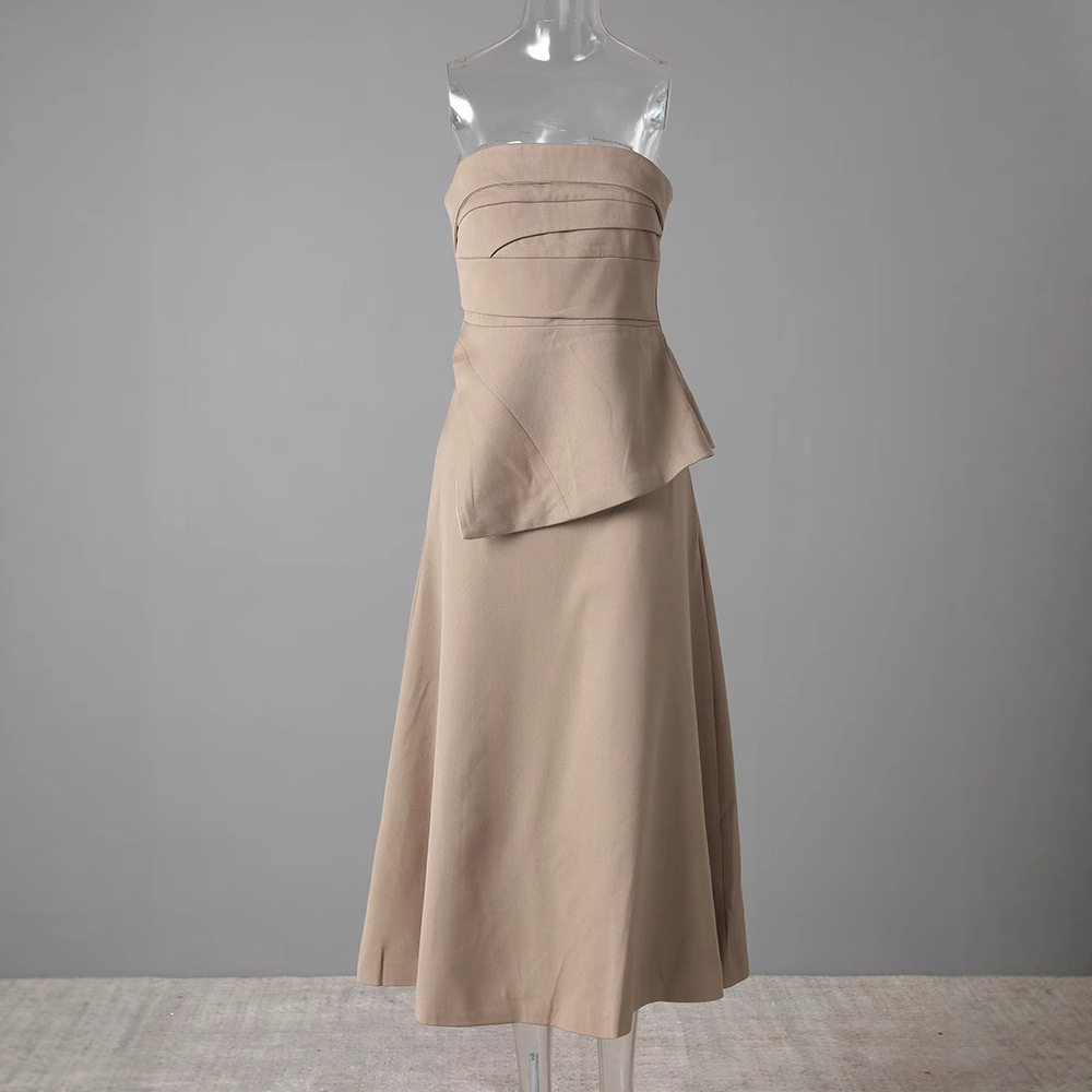 Vietnamese Niche Design Temperament Asymmetrical Strapless Top High Waist A- Line Skirt Two-Piece Women's Skirt suit