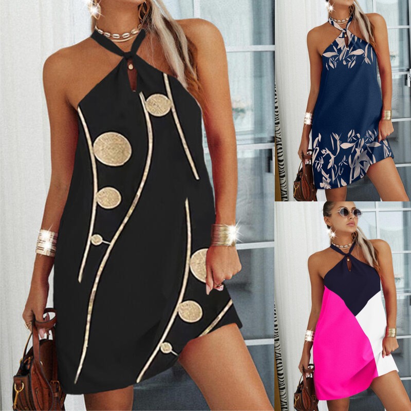 2022 Summer New European and American Cross-border Women's Loose Printing Sleeveless Casual Knee-length A- neck dress