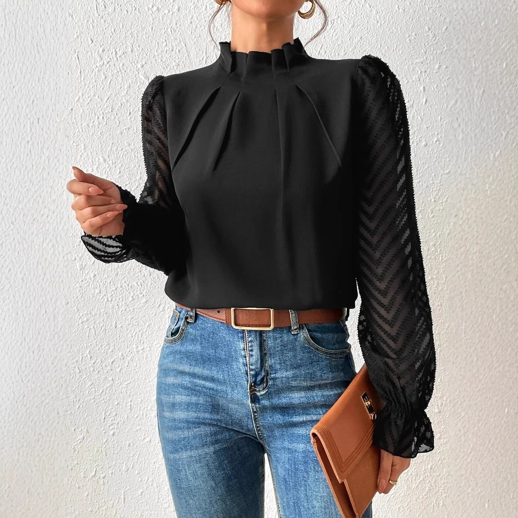 Picture of 2024 Europe and the United States Amazon cross-border women's autumn and winter new half-high collar stitching wave chiffon long sleeve top