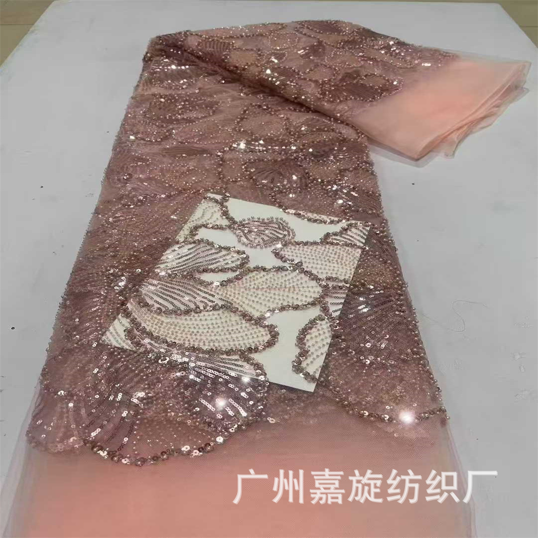 European and American Fashion Positioning Large Flower Beads Tube Beads Sequins Mesh Embroidered Cloth High-End Wedding Dress Stage Clothing Fabric