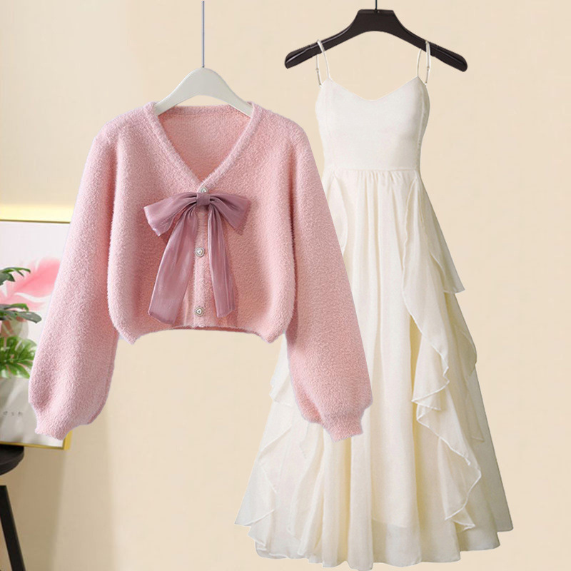 Japanese Sweet suit Women's 2024 Autumn and Winter Bow Sweater Cardigan with Sling dress Two-piece Set