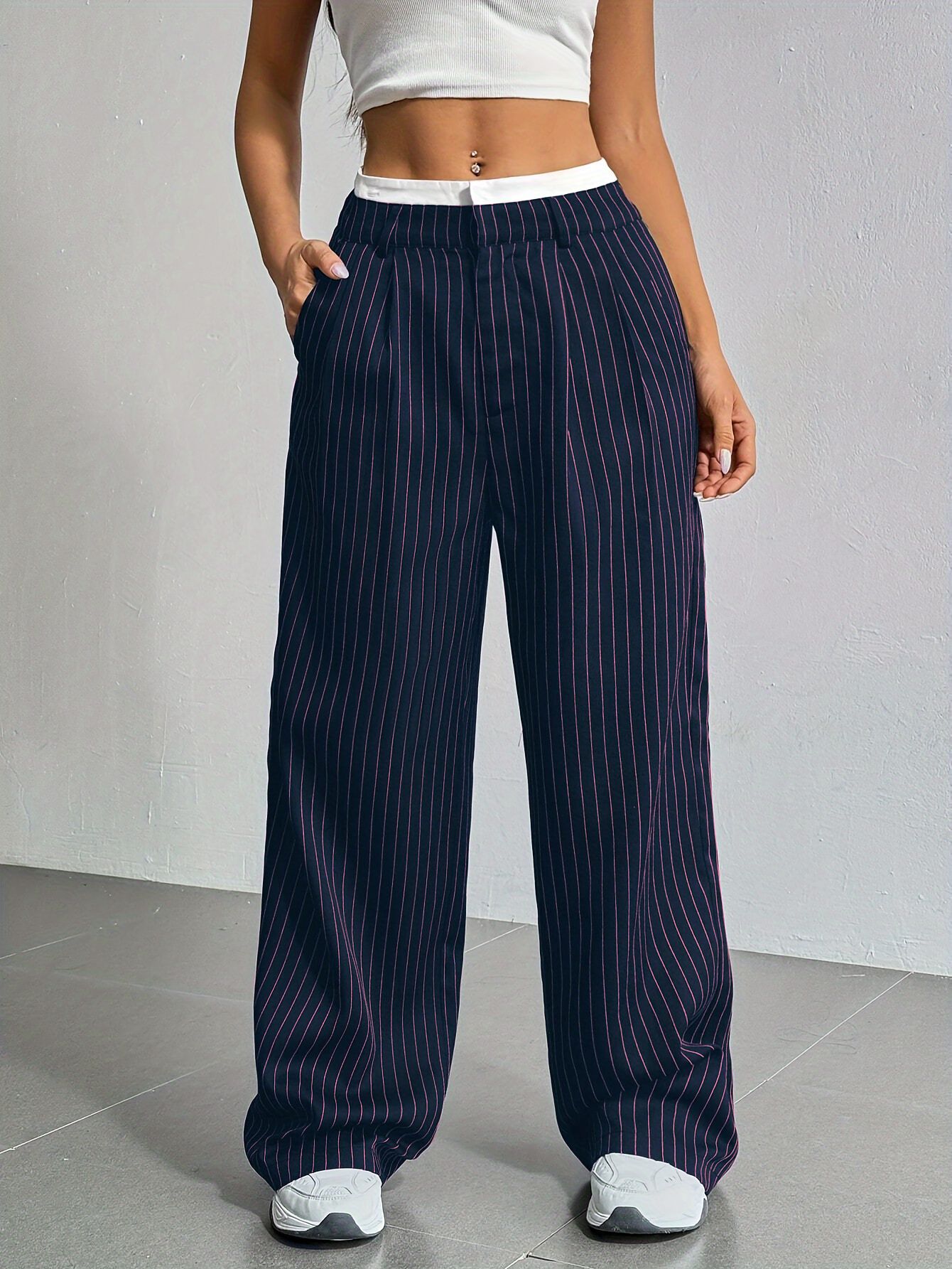 Picture of 2025 Spring and Summer New Cross-border Design Sense Pants Casual High Waist Stitching Pants Simple Dosing Sense Loose Straight Leg Pants