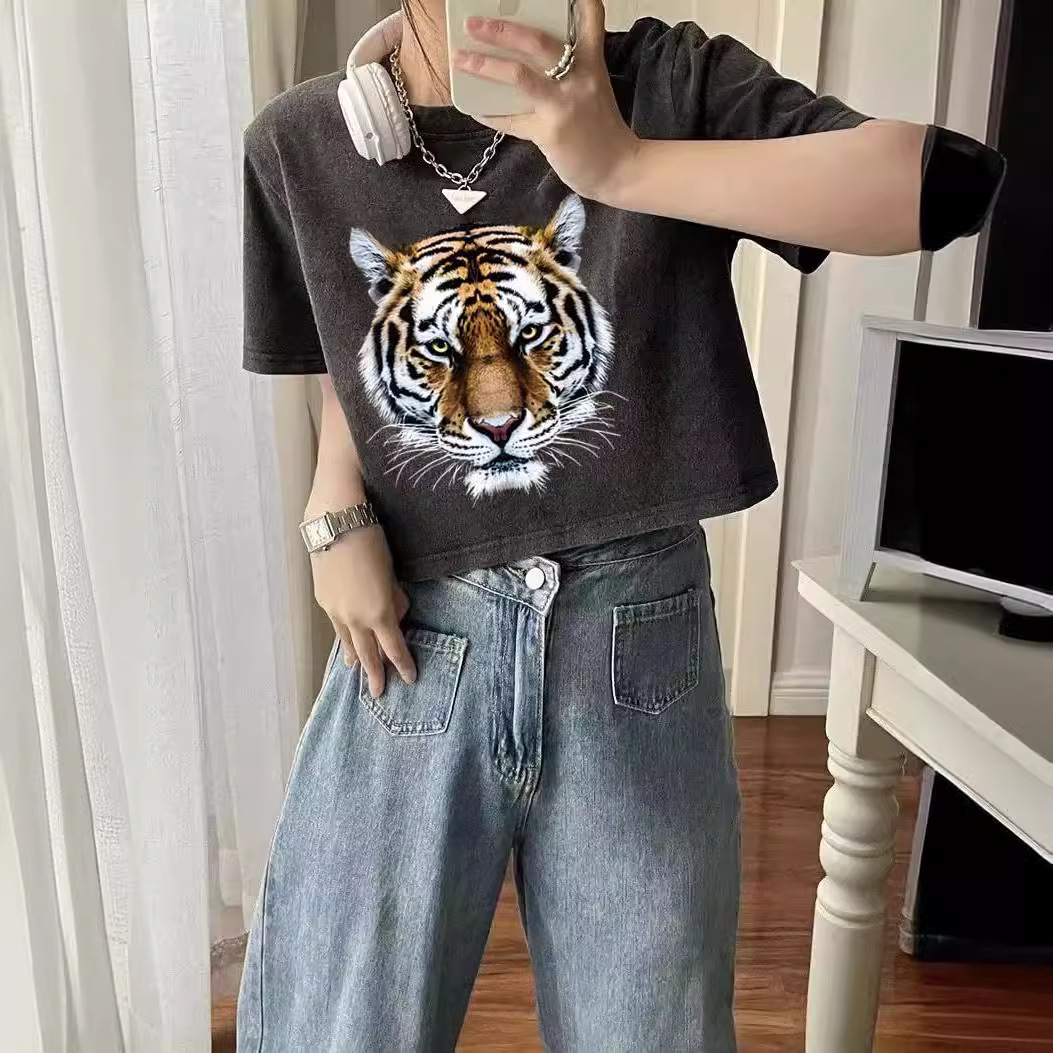 National Fashion Hip-Hop Style Washed Pure Cotton Short-Sleeved T-Shirt Women's Ins American Style Vintage Washed Old Short Loose Top T
