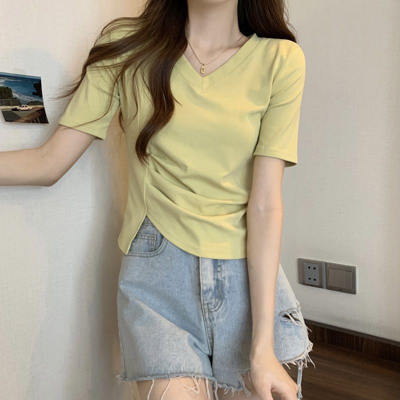 Cotton Asymmetrical v-neck Top for Women in Summer, Slim and Careful Design, Pleated Right Shoulder Short-sleeved T-shirt for Women