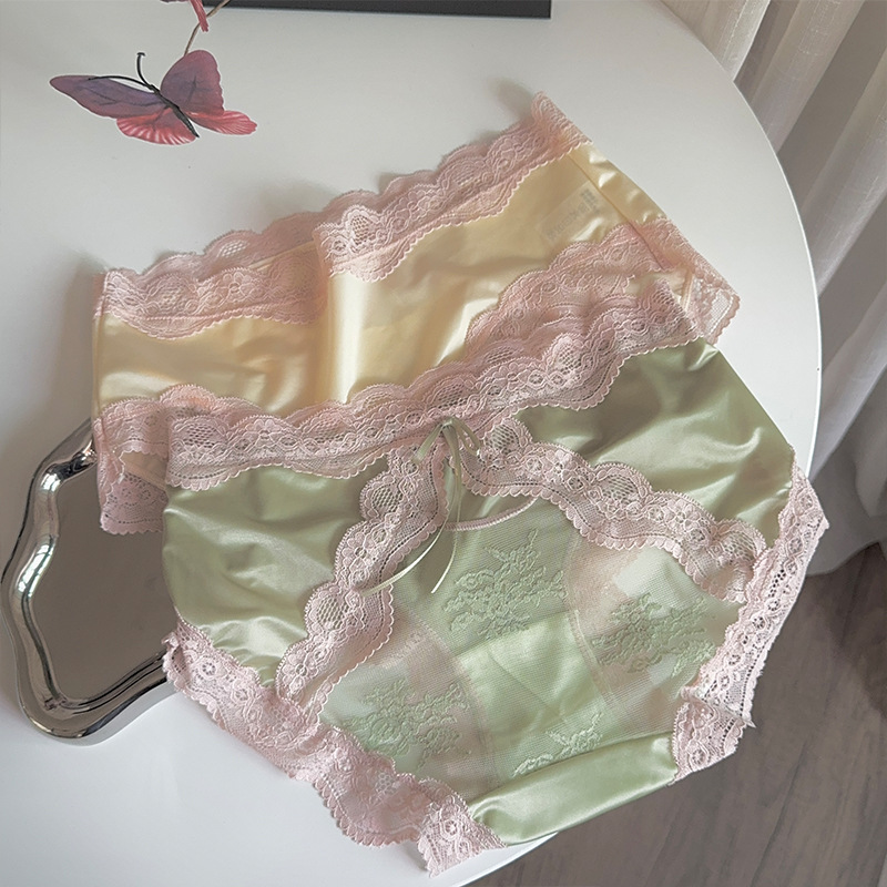 Fang Tang Jing Sweet Peach Princess Women's Underwear Mid-waist Hollow Lace Satin Sexy Color-block Briefs Women
