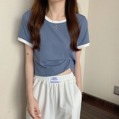 Picture of Contrast Color Round Neck Short Sleeve T-Shirt Women's 2025 New Summer Base Shirt Korean Style Slim Fit Short Student Top Trendy
