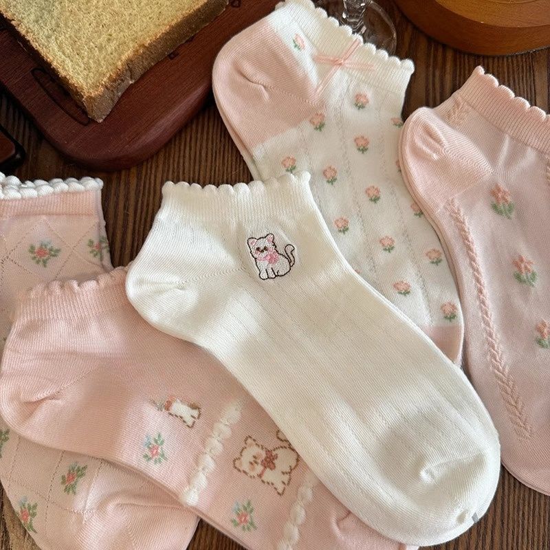 Cute Cat Socks Women's Spring and Summer Thin Shallow Short Socks Lace Girl's Japanese Style Design Sense Pink Boat Socks