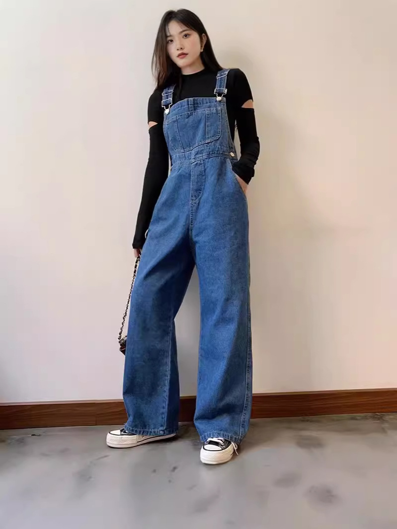 2025 Suitable for Thick Hips and Thighs Straight Denim Overalls for Women Korean Style Loose Spring and Autum Retro Wide Leg Pants