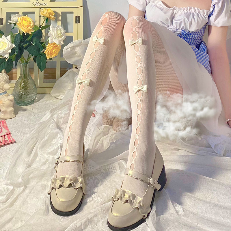 Soft Girl Japanese White Silk Stockings Lolita Bow Hollow Base Pantyhose Summer Thin Loli Lolita