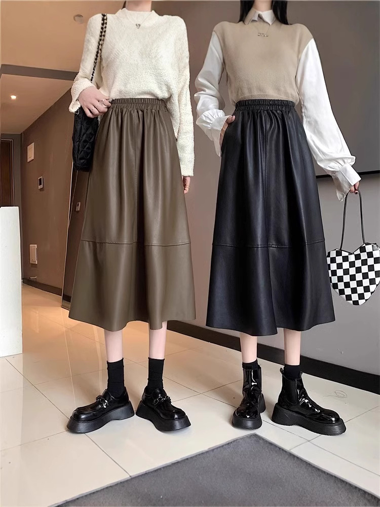 Leather Skirt Mid-length High Waist Umbrella Skirt Autumn Dress Women's 2024 New A- line Skirt Skirt Slim-fit Long Skirt