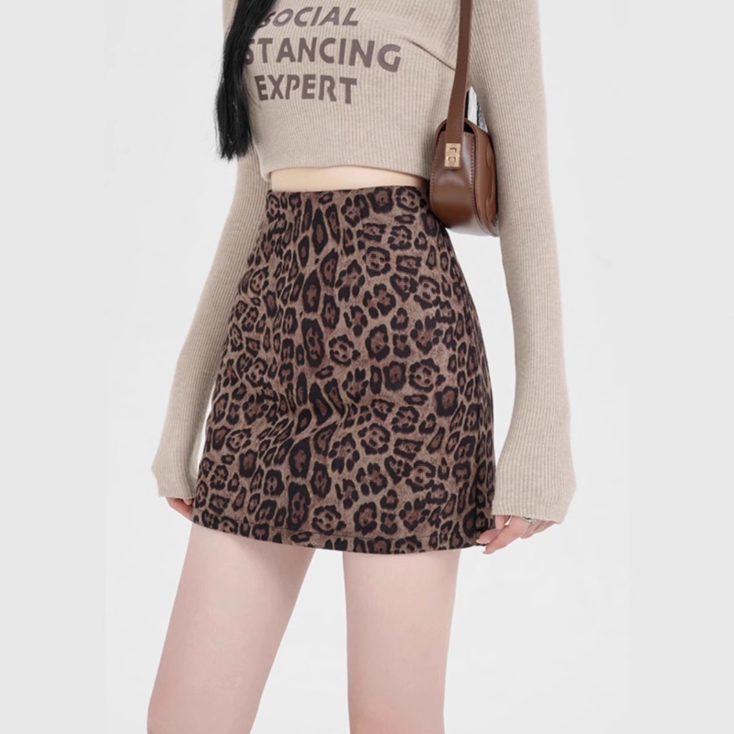 Deerskin Fleece Skirt Women's Autumn and Winter 2024 New Spice Girl Slim-fit A- line Elegant Anti-walking Sheath Leopard Print Skirt