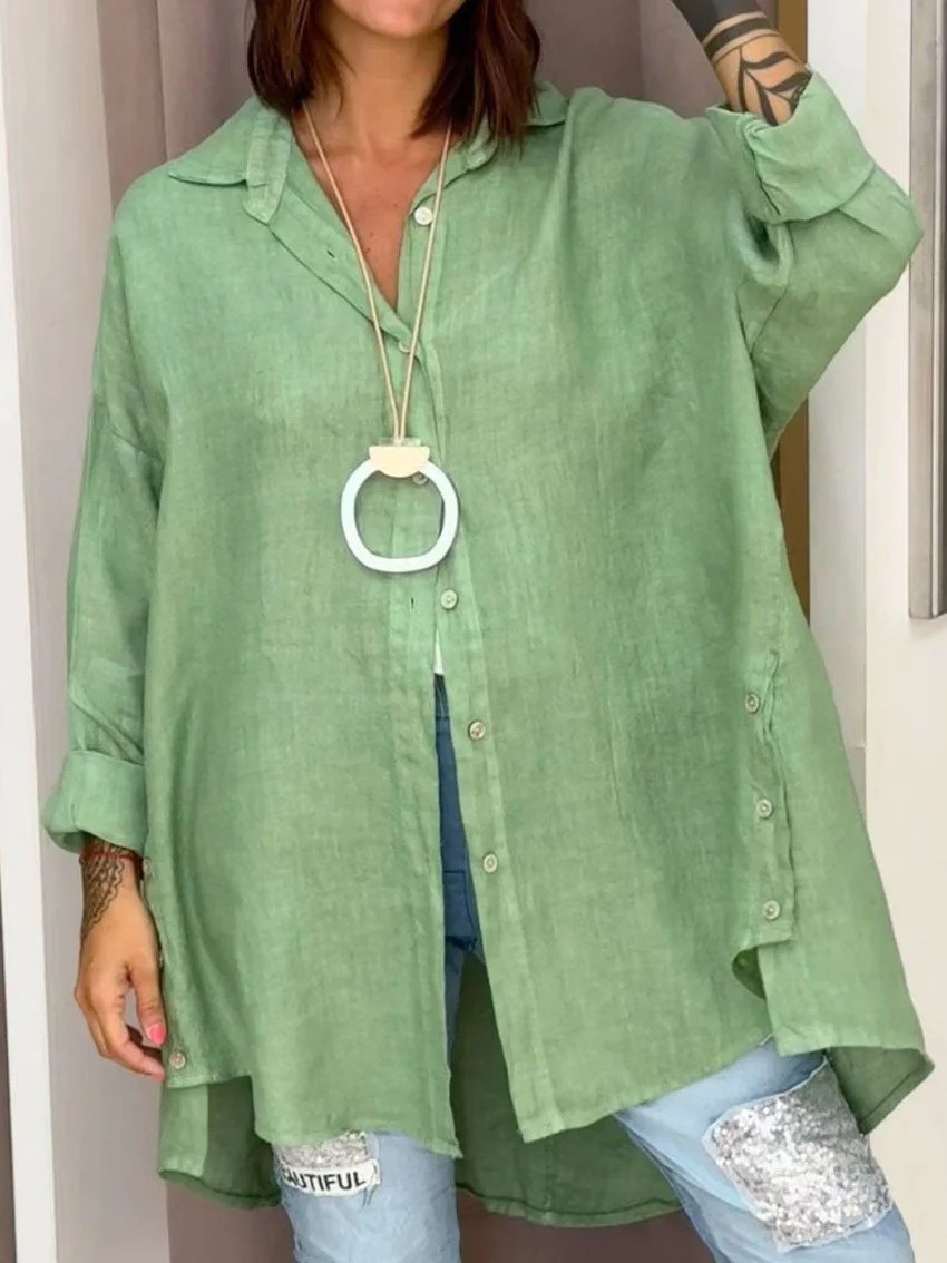 Amazon New 2024 European and American Cross-border Summer Solid Color Women's Loose regular Nine-point Sleeve Cotton and Linen Shirt