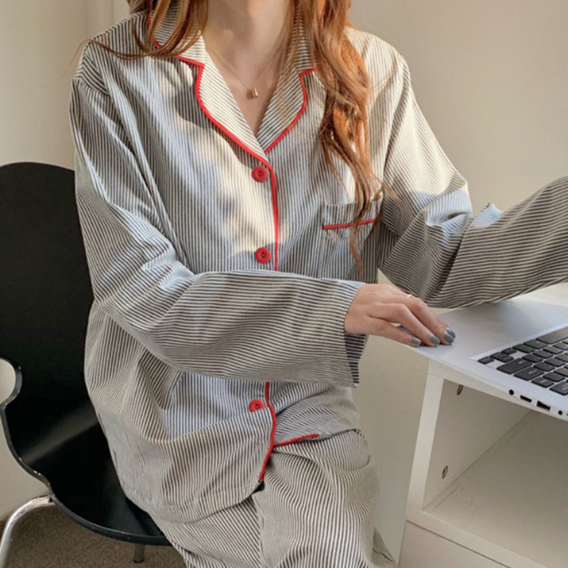 Picture of New Ins Pajamas for Women Simple Stripesd Internet Celebrity Long-Sleeved Cardigan Girl Korean Version Thin Home Wear Set Wholesale