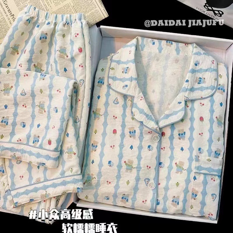 Picture of Online Celebrity Live Dopamine Color Striped Long Sleeve Pajamas Women's Loose Bubble Wrinkle Cute Cross-border suit Foreign Trade