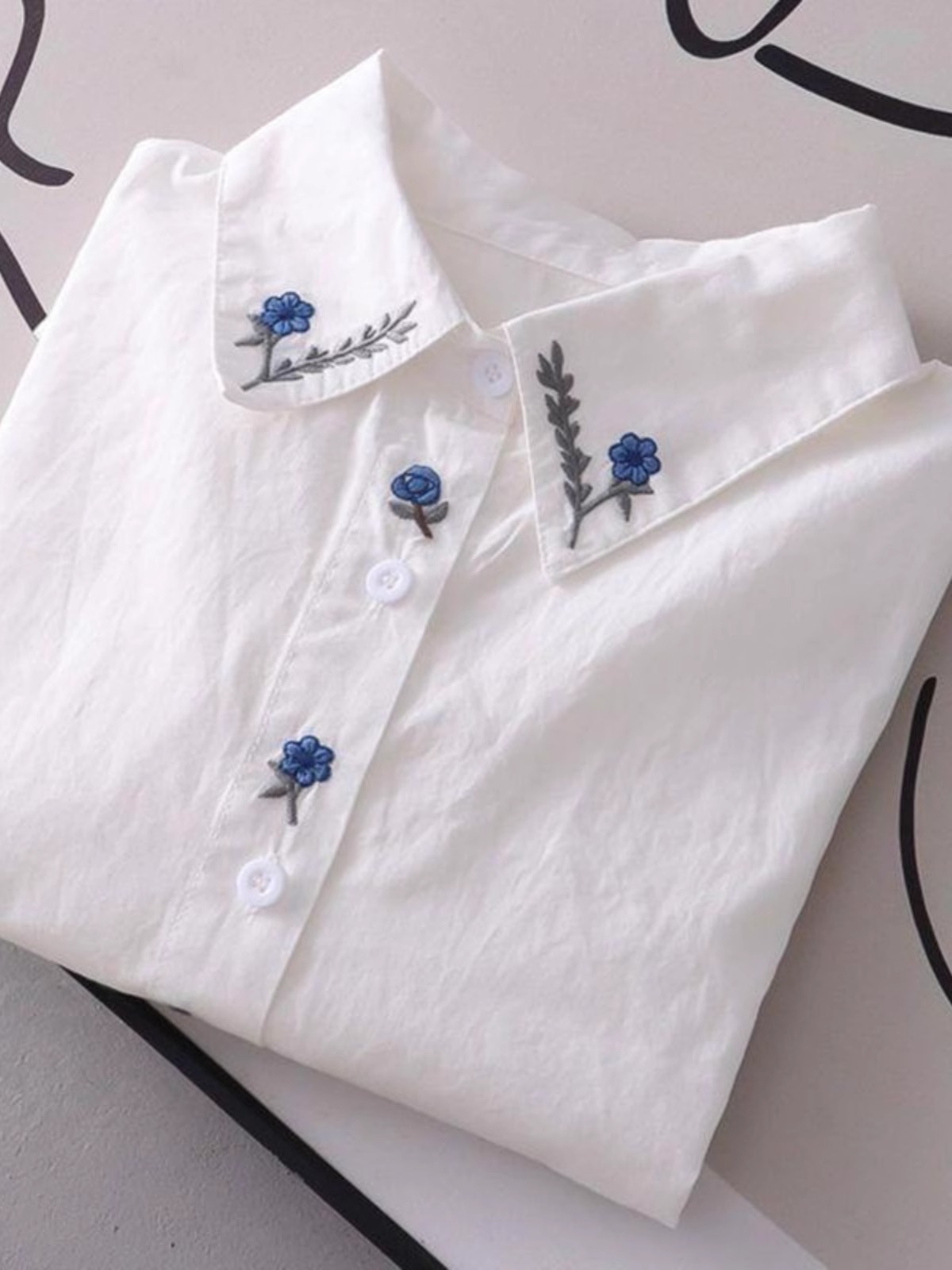 Spring and Autumn New Embroidered Blue Flower Pure Cotton Long Sleeve Shirt Women's Korean Style Artistic All-match Casual Shirt Top