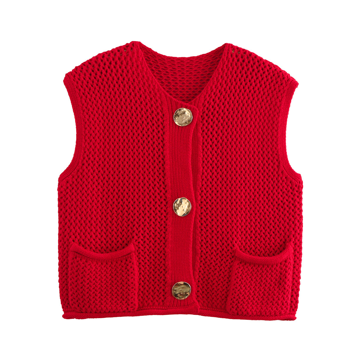 Picture of Women's Solid Color Fashion Hook Needle Hollow Single Breasted Vest 2024 Autumn and Winter New European and American Cross-border Wool Vest