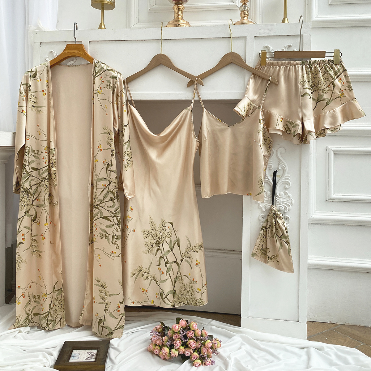 Spring and Summer Home Clothes Four-piece Printed European and American Style Pajamas Women's Nightgown Sling Long Sleeve Long Sexy Nightgown suit