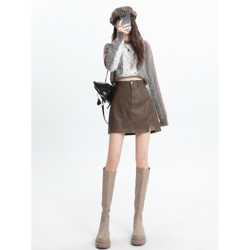 Leather Skirt Rudd Skirt brown Autumn and Winter New 2024 High Waist Black Hot Girl Skirt Small Leather