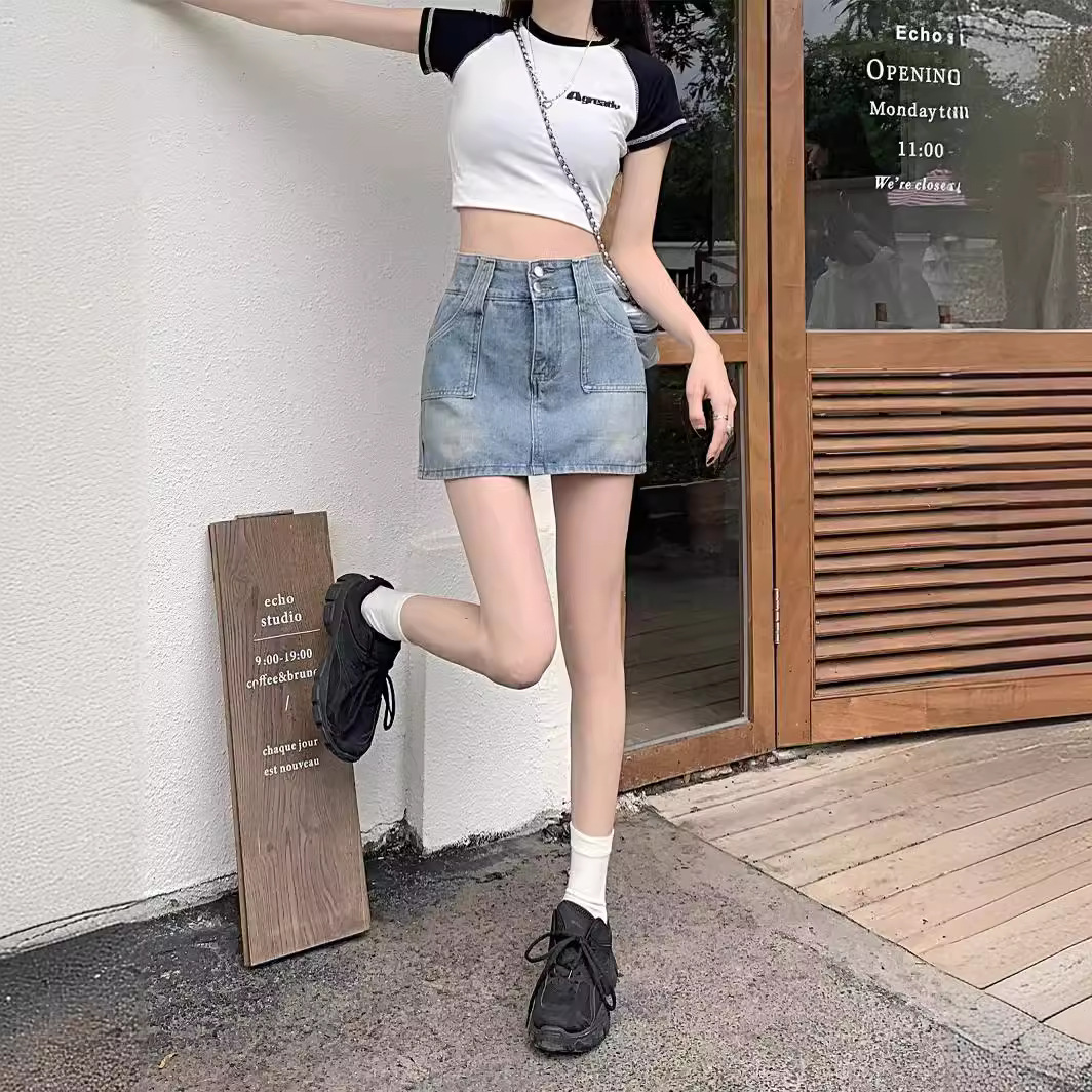 Summer hot girl retro Denim skirt for female students new A- line skirt high waist small hip skirt