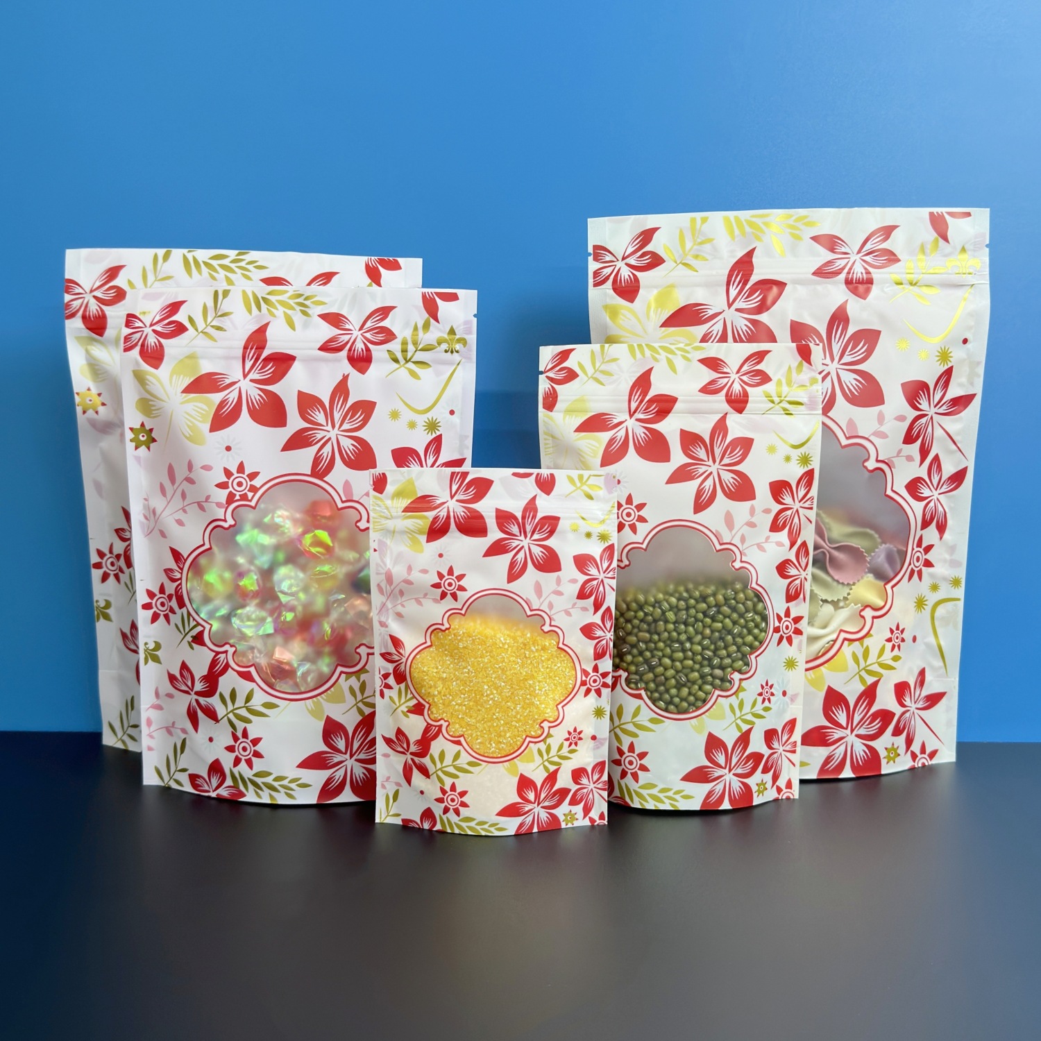 Matte Printed Red Gold Flower Transparent Self-Standing Bag, Self-Sealing Bag, Eco-Friendly, Beautiful Flower Tea, Mountain Delicacies, Dry Goods Packaging Bag