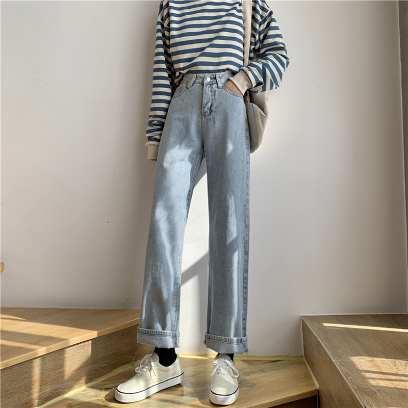 2024 New Arrival Spring and Autumn Light Color Jeans Women's Loose Straight Leg Pants High Waist Slim Look Tall Mop Wide Leg Pants All-match