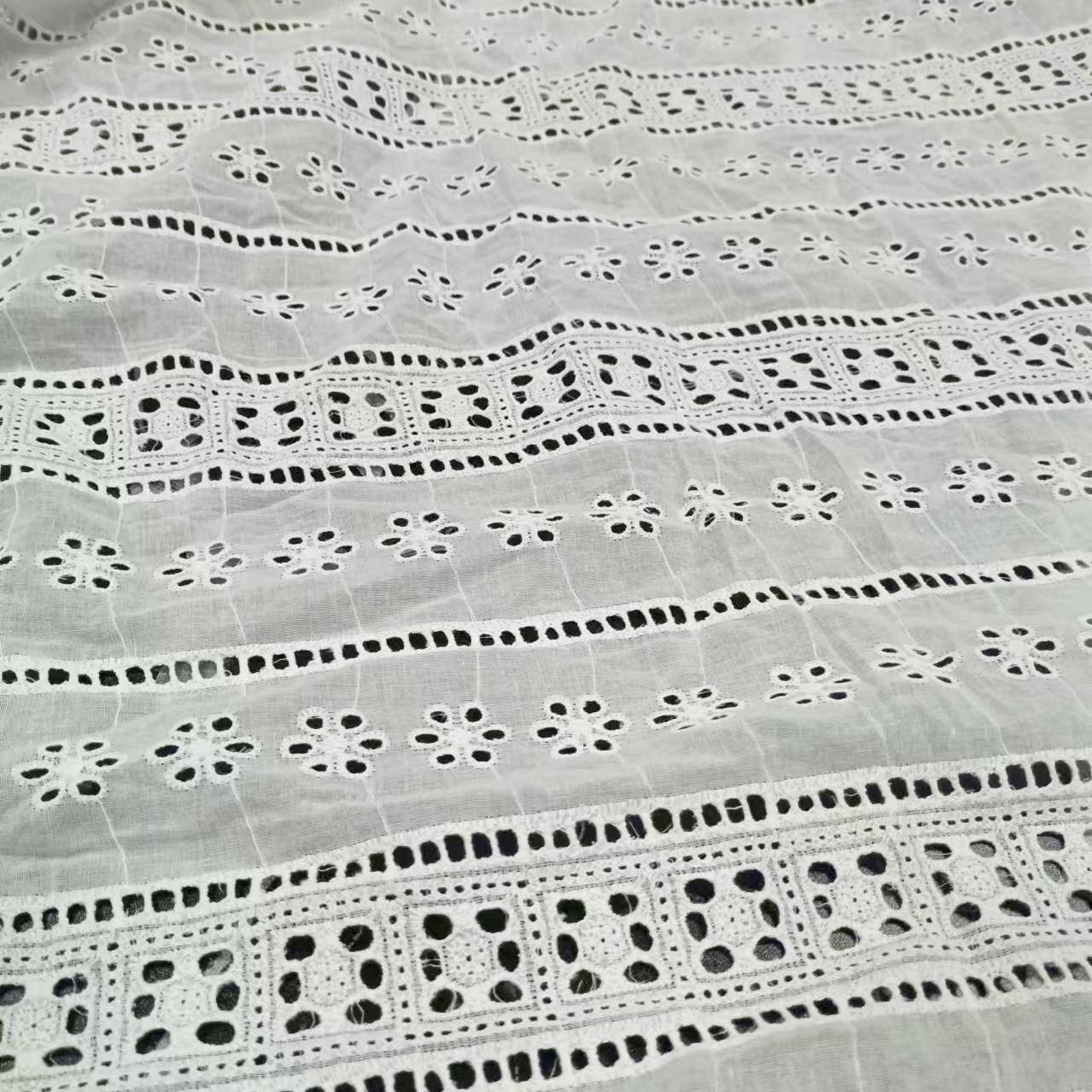 Cotton Hollow Embroidery Fabric with Small Mesh Stripes, Floral Hollow White Texture 9088 Base Fabric, Spring and Summer Lace Thin Style