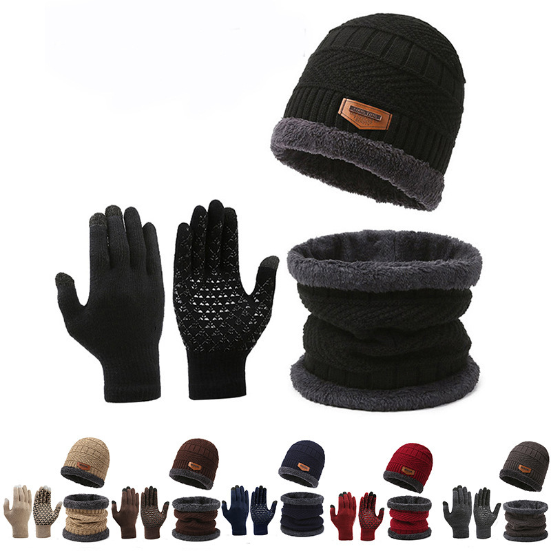Cross-border suit hat men's winter scarf gloves three-piece scarf all-in-one fleece-lined warm winter knitted hat