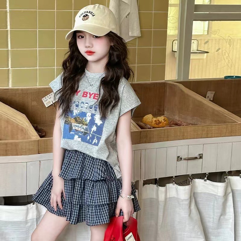 Picture of Cross-border Girls' Summer Casual suit 2025 New Style Girl's Children's Fashionable Short-sleeved T-shirt Short Skirt Set