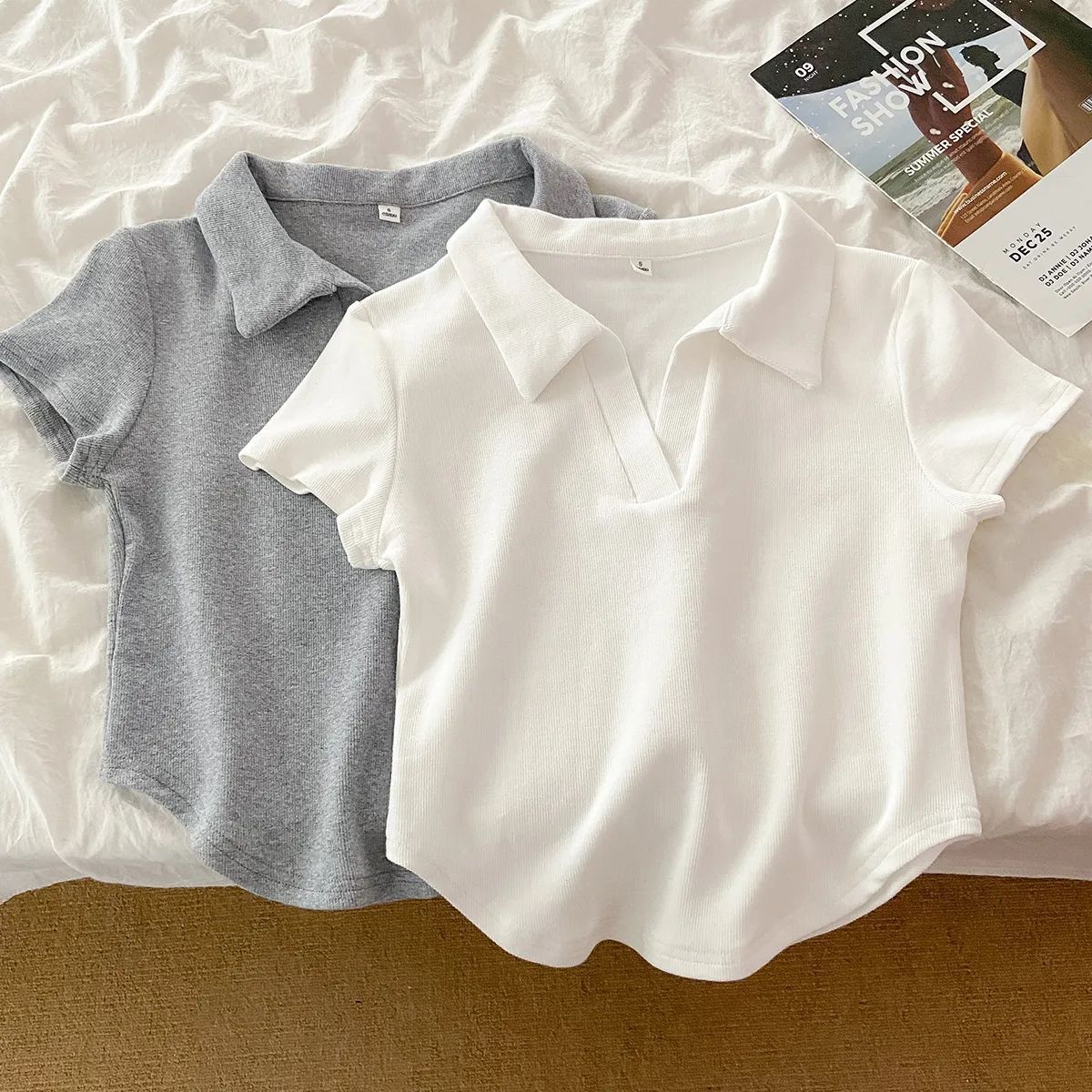 POLO Collar Shoulder Summer Short Irregular Hem European Top Design Niche Thread Short-sleeved T-shirt for Women