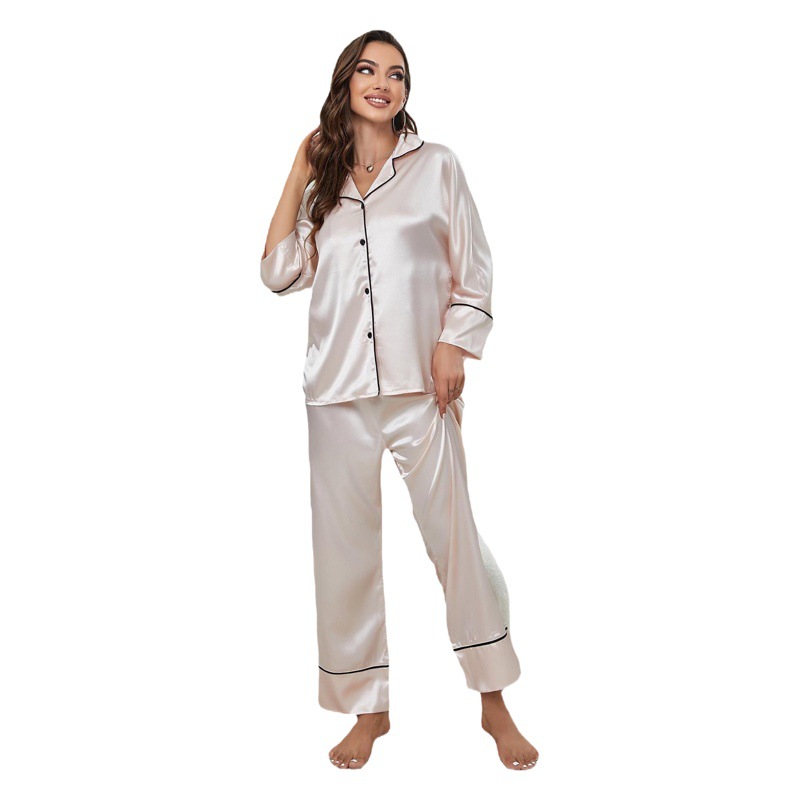 Foreign trade Europe and the United States imitation silk pajamas women autumn and winter long sleeve pajamas home clothing suit can be worn cross-border Amazon
