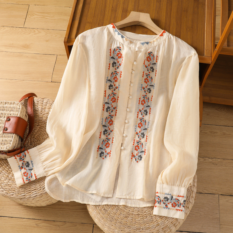 Real shot of spot retro ethnic style embroidered long-sleeved shirt women's spring and autumn lantern sleeves Sen girl embroidered cotton and linen tops
