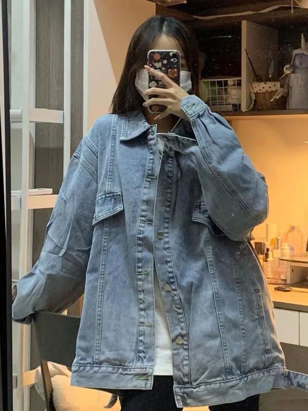 Hot Girl Retro Long-Sleeved Denim Jacket for Women Autum New Loose American Cardigan Jacket Outer Top Student Trend