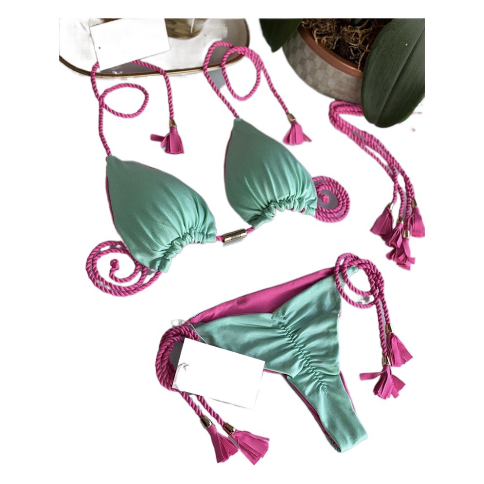 European and American Foreign Trade Swimwear New Sexy Triangle Bag Bikini Women's Split Solid Color Sexy Multicolor Rope Bikini