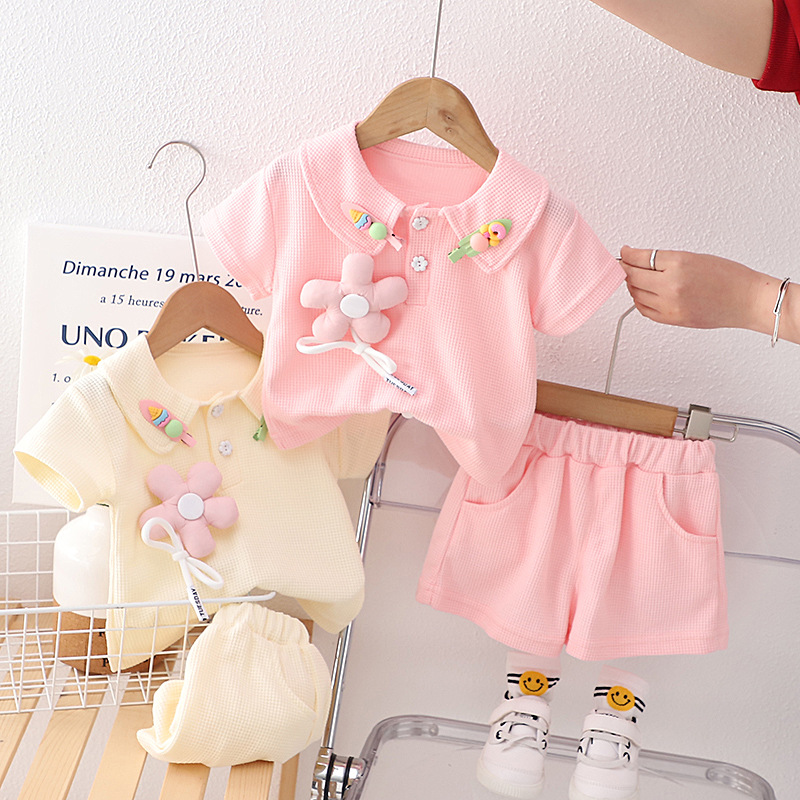 Girls Cute Suit Summer New Children's Short-sleeved Lapel Short-sleeved Shorts Two-piece Set Women's Treasure Foreign Style Suit
