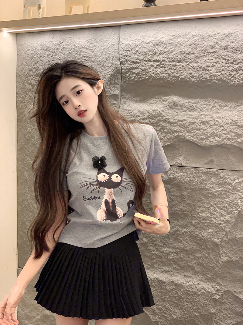 Picture of Cartoon Kitten Pattern Embroidered Short-sleeved T-shirt Women's Summer New Design Sense Niche Western Style Short Top Ins Trendy