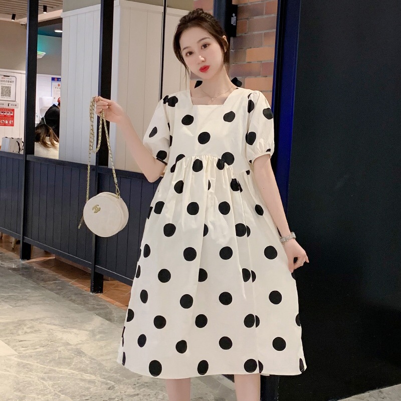 Picture of Maternity Summer Loose plus size Fashion Polka Dot Western Style Square Collar High Waist Long Dress Trendy Mom Polka Dot Pregnant Women's Dress Summer