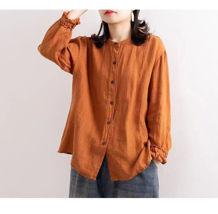 Picture of Artistic Retro 2024 Spring and Autumn Cotton and Linen Shirt Women's Loose Round Neck Shirt Jacket Casual Jacket Neck Sleeves