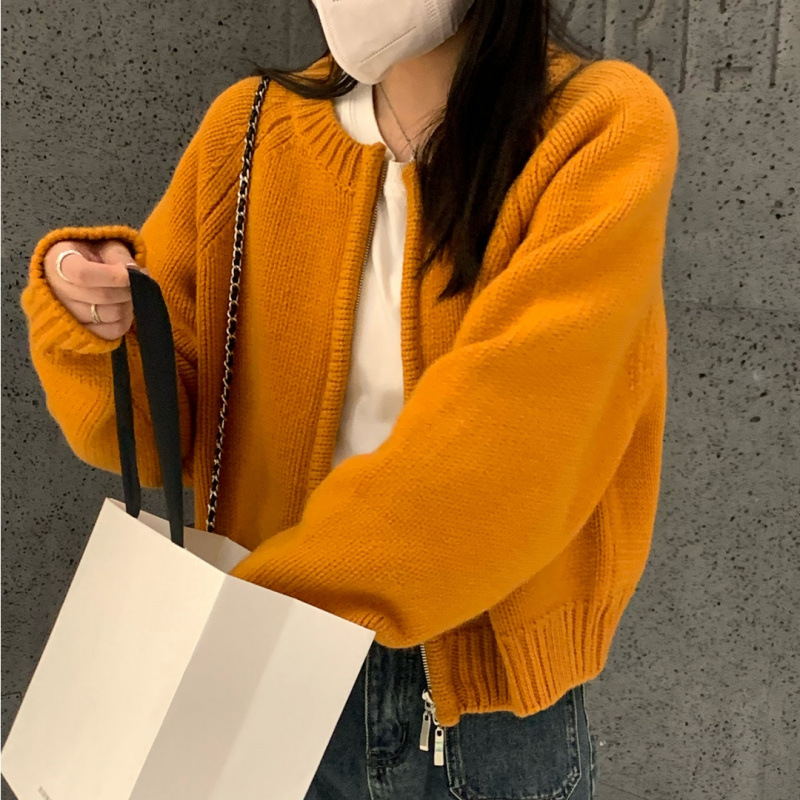Korean-style Crewneck Zipper Sweater Coat Women's 2024 Autumn and Winter Loose Short Knitted Cardigan Top Cardigan