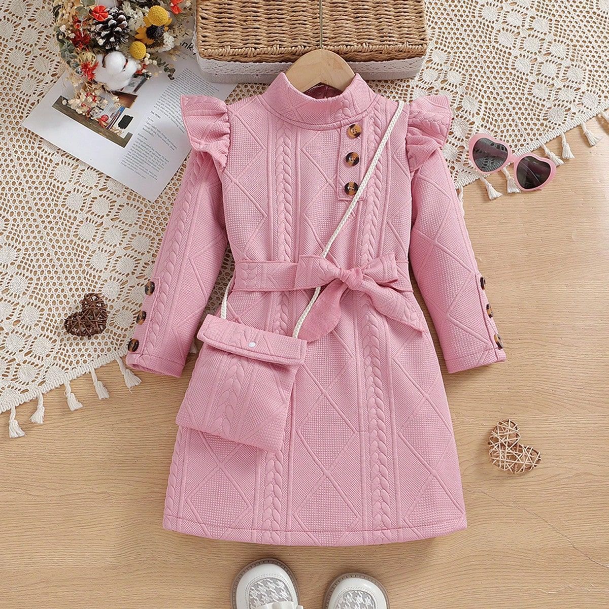 European and American Autumn and Winter Ins Style Girls' Textured Wrinkled Flying Sleeves Princess Dress with Bag Cross-Border Supply