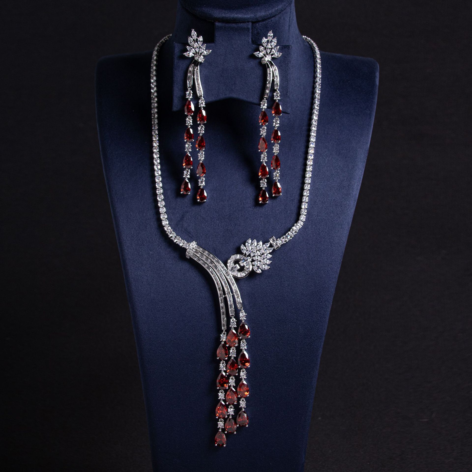 Cross-border Simple Water Drop Zircon Necklace Women's All-match Light Luxury Niche Long Necklace Earrings suit Chain