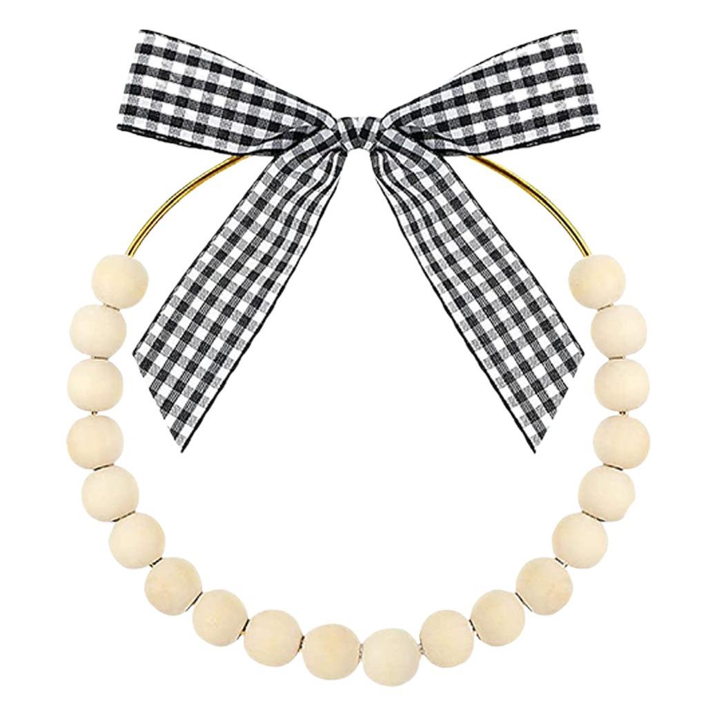 Christmas Decoration Wooden Bead Garland Bow Plaid Ribbon Wooden Bead Garland Hanging Farmhouse Door Ring Wall Decoration
