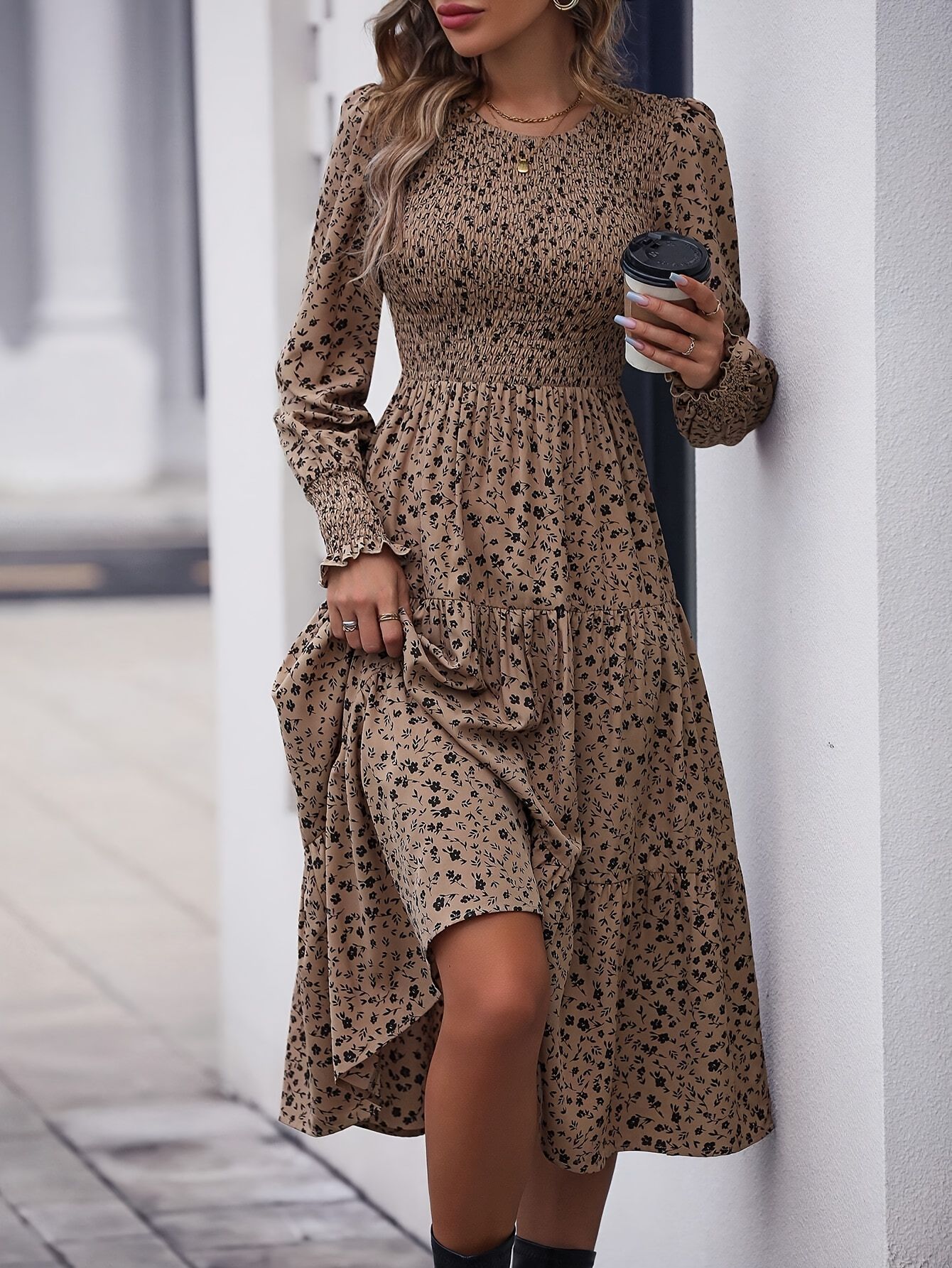 Summer Elegant New Solid Color Long Dress Round Neck Waisted dress Women's 5290