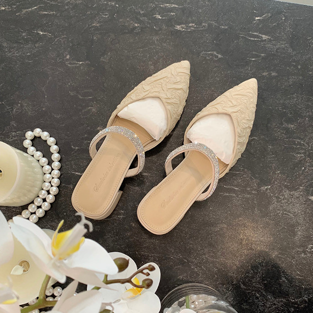 Grape Mom's Same Style 2025 Summer New European and American One-Word Diamond Belt Pointed Toe Thick Heel Sandals Women's High-Heeled Shoes