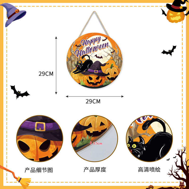 Picture of Cross-Border New Halloween Wall Decoration Wall Hanging Round Pumpkin Cat Horror Festival Welcome Wood Art Wall Decoration Door Hanging